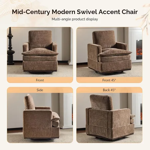 Miniatura 5 de VINGLI Silla giratoria de 360° con cojines de asiento de doble capa, sillón giratorio moderno, silla de club cuadrada tapizada para sala de estar
