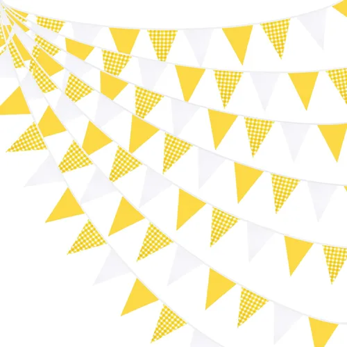 Banderín blanco a cuadros amarillos de 32 pies con banderines de tela a cuadros de tela a cuadros triangulares para picnic, barbacoa, abeja,