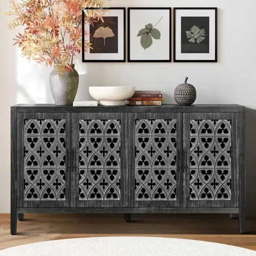 Miniatura 4 de Aparador de buffet Credenzas para sala de estar, mesa de entrada de 60 pulgadas con gabinete de almacenamiento, puertas huecas talladas, negro Azul