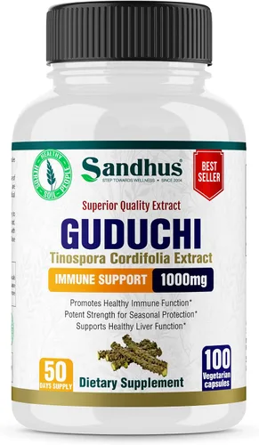 Sandhu's Guduchi (Tinospora Cordifolia) Giloy 100 cápsulas vegetarianas de apoyo inmunológico 1000mg por porción