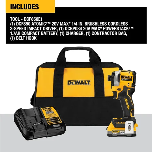 Miniatura 2 de DEWALT Kit de taladro de impacto inalámbrico ATOMIC de 20 V, 1/4 de pulgada, batería y cargador incluidos (DCF850E1)