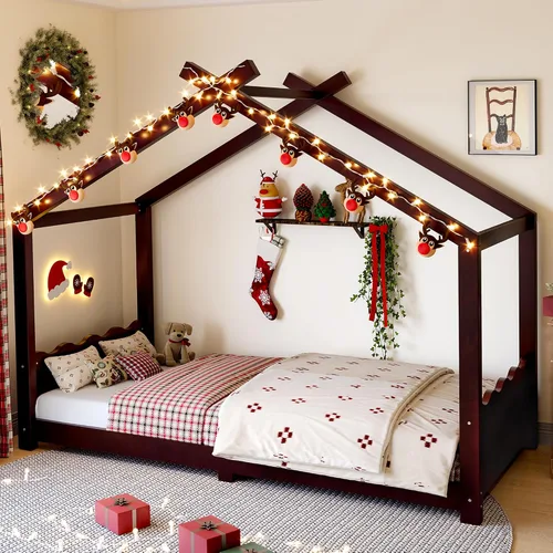 Miniatura 11 de Camas de madera Montessori tamaño individual, cama de plataforma para niños con cabecero y estribo, cama de tienda de campaña, no necesita somier