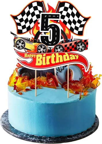 Miniatura 9 de Maitys Decoración para pastel de 2º cumpleaños con temática de auto de carreras, suministros de fiesta de cumpleaños, bandera a cuadros, decoración
