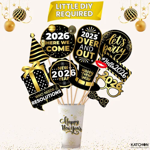 Miniatura 5 de KatchOn, Accesorios para cabina de fotos de Nochevieja 2024 – Paquete de 35 Accesorios de cabina de fotos de Año Nuevo dorado y negro