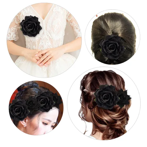 Miniatura 5 de Topbuti Pinza para el pelo de rosa, 4 piezas de tela, pinzas para el cabello mexicano, tocados para mujer, niña, boda, fiesta, día de la madre Negro