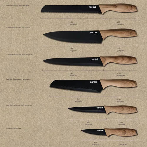 Miniatura 2 de CAROTE Juego de 12 piezas de cuchillos de cocina, juego de cuchillos de cocina de acero inoxidable con revestimiento cerámico antiadherente apto