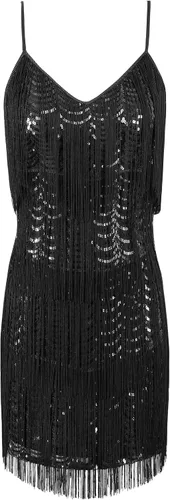 Miniatura 5 de kayamiya Vestido largo con flecos para mujer, con cuello en V, tirantes delgados, lentejuelas, vestido de fiesta de los años 20, disfraces de Gran
