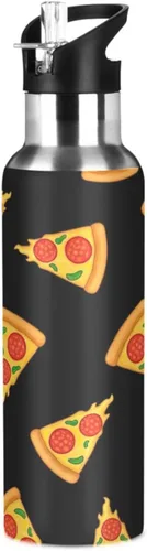 Cartoon Slices Pizza Black Stainless Steel Vacuum Insulated Water Bottle 20 Oz, BPA-Free Sports Water Bottle Leakproof Water Bottles