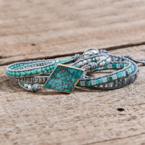 Miniatura 5 de Ygline Pulsera bohemia hecha a mano, con piedra de cristal, envolvente, de cuero, para mujer