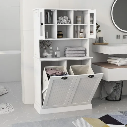 Miniatura 16 de RASOO Gabinete de basura de doble inclinación hacia fuera, cesta de lavandería independiente de madera con 2 cajones, cubo de basura de cocina