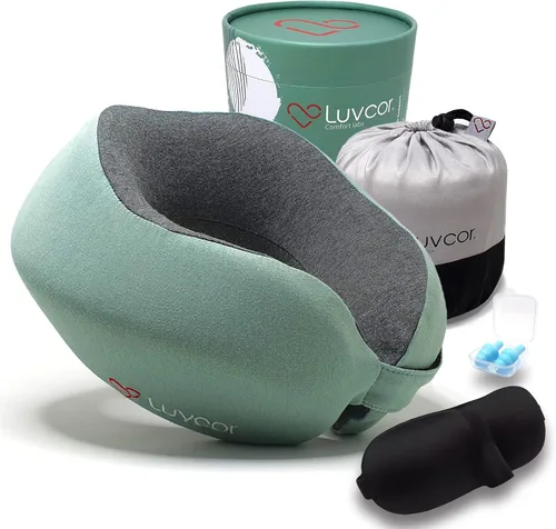 Paquete de almohada de viaje de espuma viscoelástica de cuello de calidad premium Luvcor - Mejor almohada ergonómica para viajes en avión, viajes en