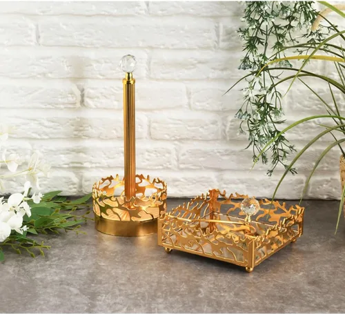 Metal Napkin Holder and Towel Rack Set, Square Design with Colorful Mirror Accents, Decorative Tabletop Organizer for Kitchen and Dining, Gold