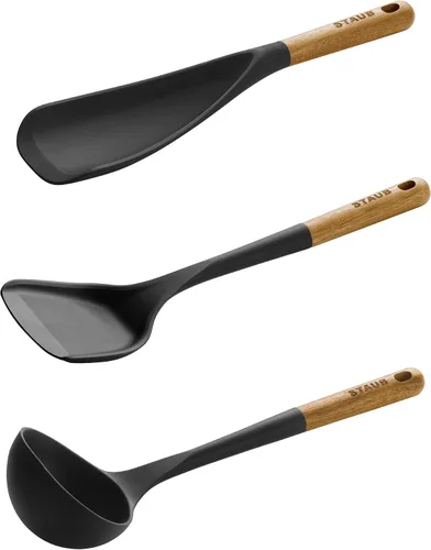 Miniatura 3 de Staub Juego de utensilios de cocina de silicona con mango de madera, negro mate, 3 piezas