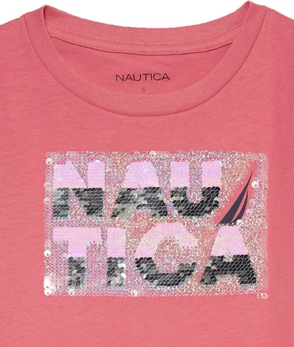 Miniatura 4 de Nautica Camiseta de manga corta para niña con diseño de lentejuelas abatibles, camiseta de algodón con interior sin etiqueta