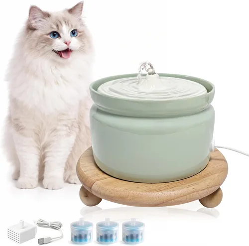 Fuente de agua de cerámica para gatos, fuente automática para beber mascotas de 1 litro/32 onzas, bomba silenciosa alimentada por USB, triple Verde