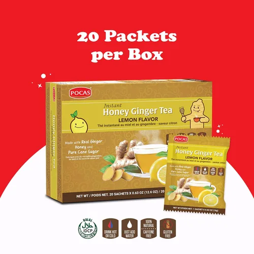Miniatura 3 de Pocas Honey Ginger - Té instantáneo en polvo, sabor a limón, paquete de 2, extracto de jengibre y miel real, té sin cafeína, 20 paquetes por caja