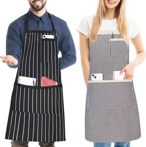 Miniatura 8 de Paquete de 2 delantales de cocina a rayas para hombres y mujeres, delantal ajustable con 3 bolsillos, delantal de chef para cocinar, hornear