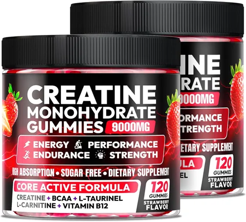 Miniatura 8 de AEQNJV Gomitas de creatina monohidrato complejo 9000 mg, pre-entrenamiento para hombres y mujeres, gomita de creatina con L-taurina, BCAA 2:1, B12/6