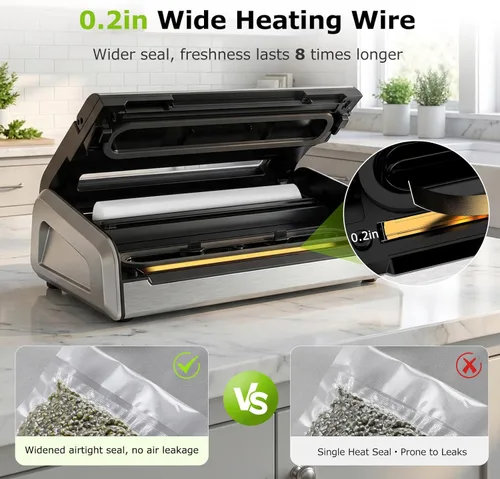 Miniatura 4 de Bonsenkitchen Sellador al vacío para alimentos, máquina selladora al vacío de alimentos con una sola mano con temporizador digital, sello más ancho