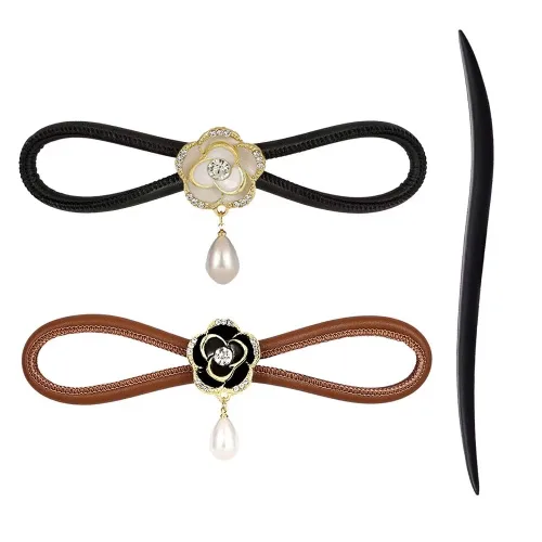 Pasadores de pelo de cuero para mujer, pinza de pelo francés con palo de madera para moños, diapositivas de pelo para niñas, clip de flor de camelia