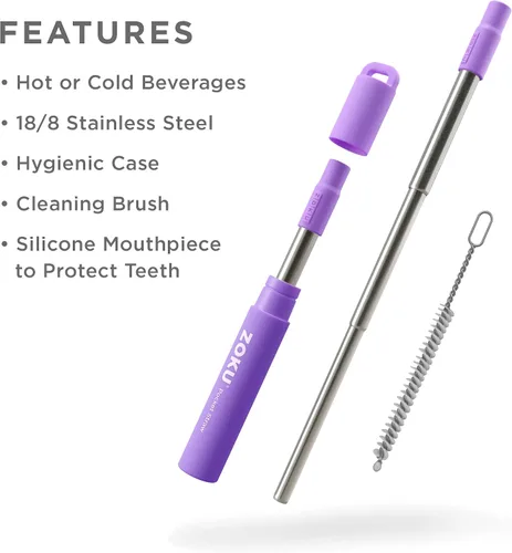 Miniatura 2 de ZOKU Popote de metal reutilizable con estuche para viajes, color morado, popote plegable de acero inoxidable con punta de silicona y cepillo Púrpura