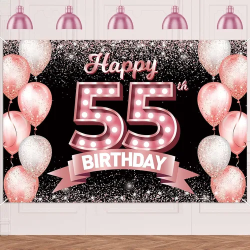 Cartel de feliz cumpleaños 55 años en oro rosa, fondo de confeti, globos, tema de decoraciones para mujeres de 55 años, suministros de fiesta de