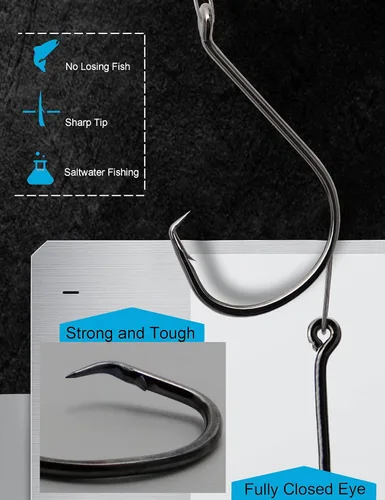 Miniatura 4 de Anillos circulares de acero para agua salada, 25 ganchos circulares resistentes con alambre de líder, bajo y bagre, señuelo de pesca