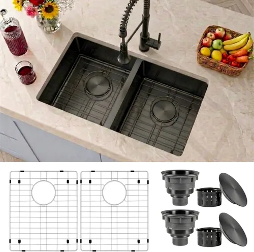 Miniatura 13 de Fregadero de Cocina de Doble Tazón 30" X 18", Fregadero de Cocina Negro de Montaje Inferior, Fregaderos Dobles de Montaje Inferior de Acero Acero