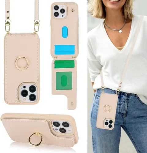 Miniatura 13 de Lipvina Funda para iPhone 13 con tarjetero y correa, cordón cruzado para mujer, bloqueo RFID, soporte de anillo, cierre a presión, bloqueo RFID