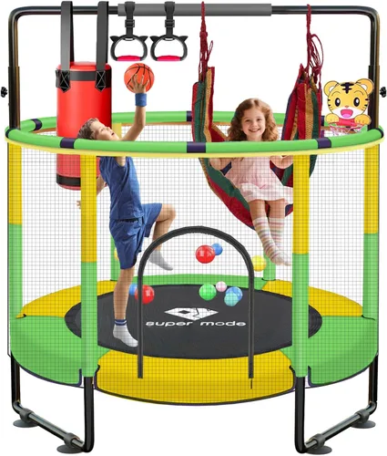 Miniatura 16 de Trampolín de 55 pulgadas para interiores y exteriores para niños con recinto, trampolín para niños pequeños con barra de gimnasia ajustable y Azul