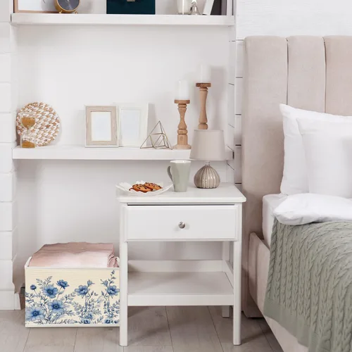 Miniatura 5 de Caja de Almacenamiento Floral Rústica Azul y Blanca con Asas, Canasta Organizadora Plegable Botánica de Flores Grandmillennial Caja de Juguetes