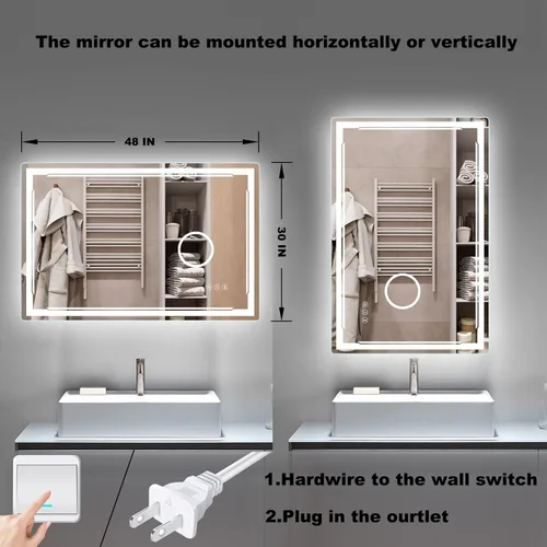Miniatura 6 de Espejo de baño LED de 30 x 48 pulgadas con luces, altavoz Bluetooth integrado y lupa 3X, retroiluminación regulable antivaho + iluminación frontal