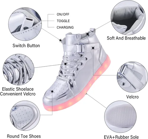 Miniatura 3 de Zapatos con luz LED para niños, tenis de caña alta para niños y niñas, zapatos de baile hip-hop para Halloween, fiesta de Navidad con carga USB