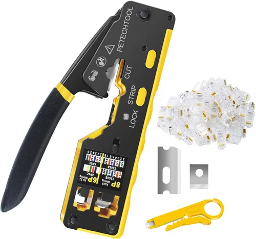 Miniatura 8 de Kit de herramientas de crimpado RJ45, herramienta de crimpado Ethernet, cortador de pelacables para conectores Cat5e Cat6 Cat6a Pass Thrugh con 10
