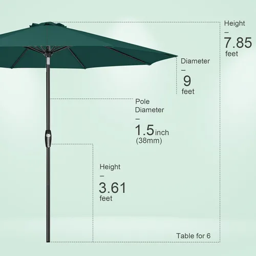 Miniatura 8 de Tempera Patio Market Outdoor Table Umbrella with Auto Tilt and Crank, Large Sun Umbrella with Sturdy Pole & Fade Resistant Canopy, Easy to Set Verde