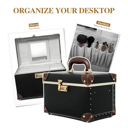 Miniatura 6 de urecity Estuche de maquillaje vintage de piel artificial, organizador profesional de cosméticos con cerradura de combinación de metal, caja