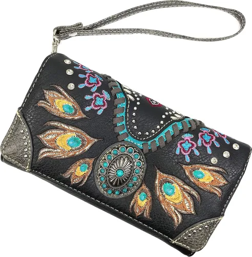 Miniatura 2 de Zelris Turquesa Concho Peacock Feather Mujeres Crossbody Muñeca Trifold Wallet
