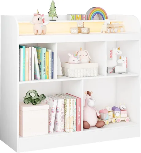 Miniatura 8 de Lkeiyay Estantería abierta para niños, organizador de juguetes Montessori con luces LED, estantería abierta de madera blanca para niños, dormitorio