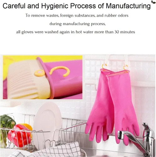 Miniatura 3 de Myungjin Guantes de goma antideslizantes reutilizables e impermeables para el hogar con gancho para colgar y secar (1 par/pequeño)