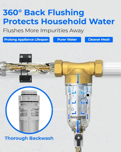 Miniatura 2 de Waterdrop Filtro de sedimentos giratorio, con soporte, sistema de filtro de agua para toda la casa para agua de pozo, 1 pulgada MNPT + 3/4 pulgadas