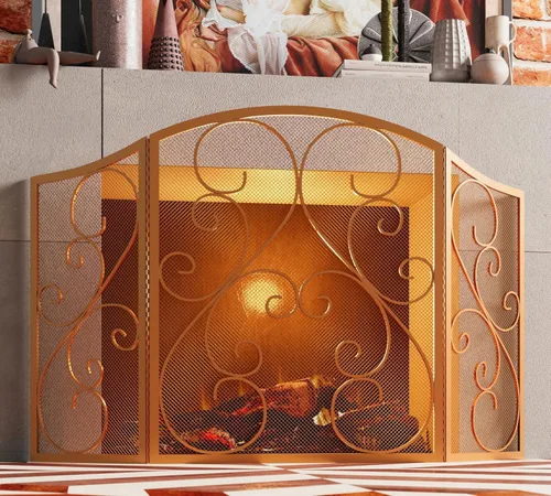 Miniatura 3 de Fire Beauty Pantalla de Chimenea de 3 Paneles de Hierro Forjado Metálico 48"(L) x 30"(H) Protector contra Chispas (Acabado Dorado)