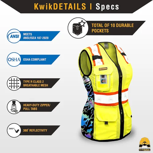 Miniatura 5 de KwikSafety - Charlotte, NC - Chaleco de seguridad para mujer, tiras reflectantes de alta visibilidad, cumple con ANSI y OSHA Amarillo (Tiger Queen)
