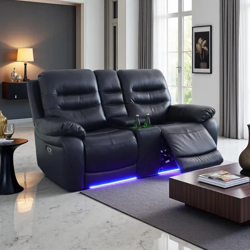 Miniatura 9 de A Ainehome Juego de sofá reclinable eléctrico LED para sala de estar, juego de sofá modular de cuero, sofá reclinable y sofá biplaza con puerto USB