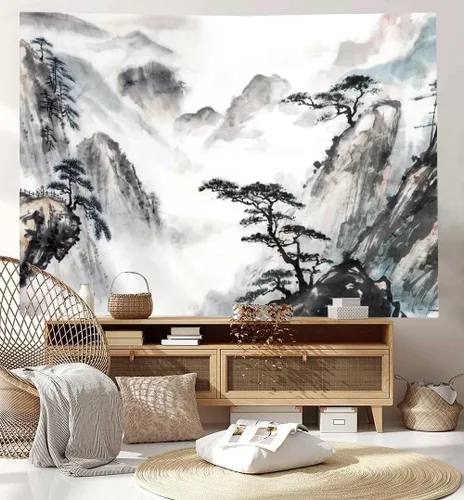 Miniatura 3 de Hjokiupt Tapiz japonés, pintura de paisaje asiático, tinta oriental, acuarela, árbol de montaña, decoración abstracta de dormitorio, tapiz