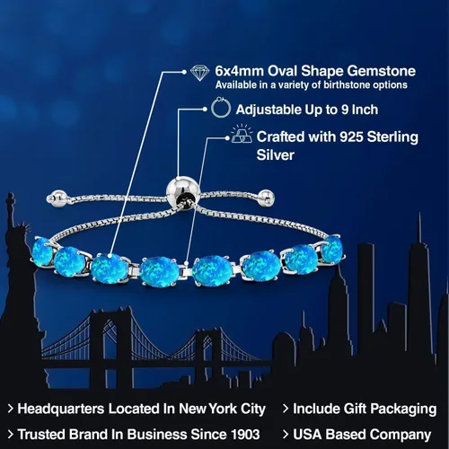 Miniatura 123 de Gem Stone King Pulsera de plata de ley 925 con piedra natal ovalada de 0.276 x 0.197 in para mujer, totalmente ajustable hasta 9 pulgadas
