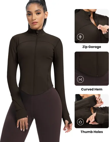 Miniatura 38 de AVGO Chaquetas de entrenamiento recortadas para mujer, con cremallera, ajustadas, atléticas, con agujeros para el pulgar