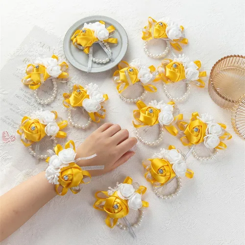 Miniatura 8 de 12 unids/lote mujeres novia novia dama de honor muñeca ramillete seda rosa perlas niñas boda mano flores decoración fiesta (verde)