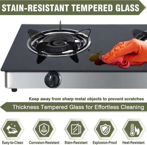 Miniatura 5 de BESTFIRE Placa de cocina de gas propano de 2 quemadores, estufa portátil de vidrio templado de 30,000 BTU con encendido automático, regulador