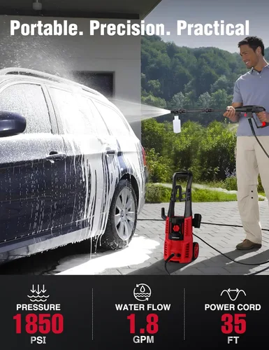Miniatura 2 de Lavadora eléctrica a presión PowerSmart, 1850 PSI 1.7 GPM, lavadora de potencia portátil con boquillas ajustables, cañón de espuma, 58 pies de Rojo