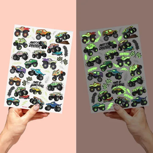 Miniatura 5 de xo, Fetti Tatuajes temporales de camión monstruo que brillan en la oscuridad, 50 estilos de aluminio, decoraciones de fiesta de cumpleaños